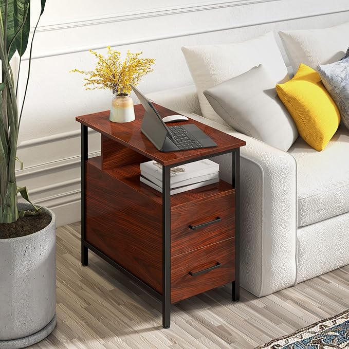 Livofloral Narrow Side Tables with Charging Station, Narrow End Table with Wooden Drawers, USB Ports and Power Outlets, Nightstand and Bedside Table for Bedroom, End Tables Living Room, Espresso
