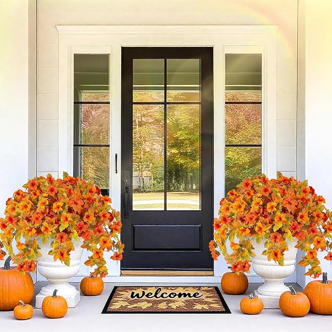 4PCS Artificial Fall Fake Flowers Plants for Outdoor Decoration No Fade Faux Petunias UV Resistant Realistic Autumn Silk Flowers for Home Garden Balcony Yard Porch Deco (Orange Yellow)
