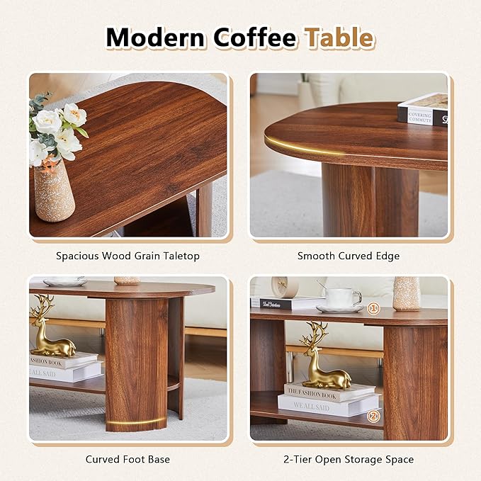 43.3” Oval Coffee Table for Living Room, Wood Farmhouse Coffee Tables with Storage, 2-Tier Center Table with Storage Shelf Low Tea Table for Small Space, Home, Office, Easy Assembly (Walnut)