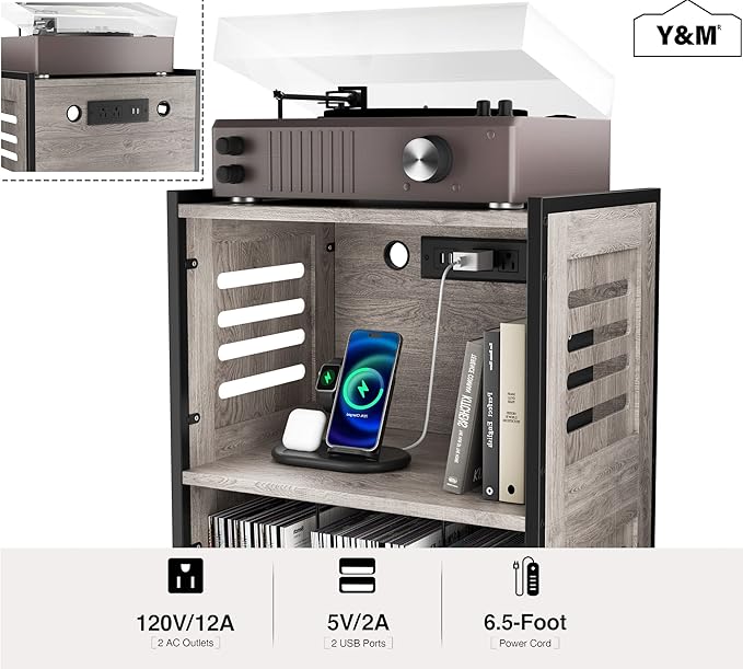 Y&M Record Player Stand, Vinyl Turntable Stand with Charging Station and USB Port, Record Display Table with Storage Cabinet, Turntable Holder, End Table, Nightstand for Bedroom, Living Room, Gray