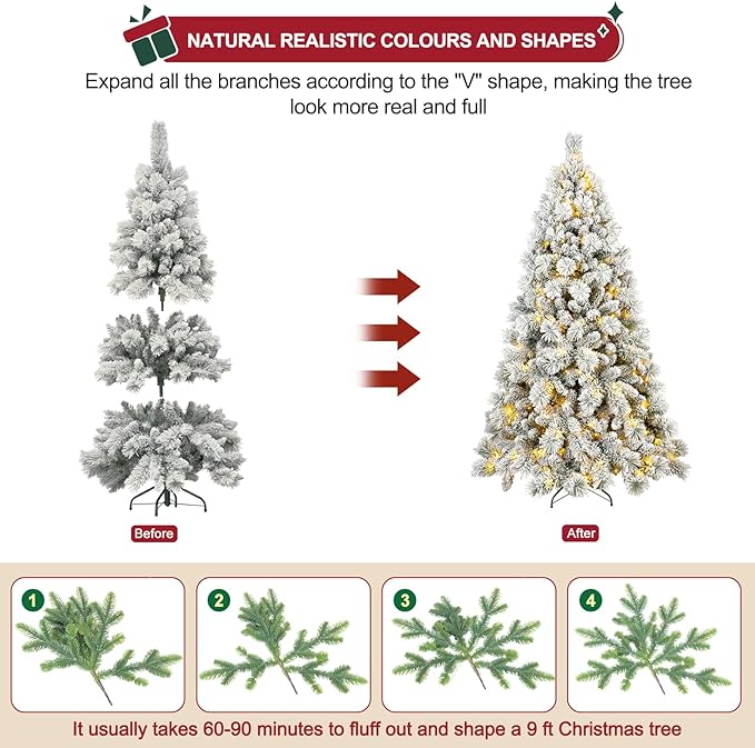 7.5 FT Pre-Lit Snow Flocked Slim Fir Christmas Tree with 1424 PE & PVC Mixed Branch Tips,Artificial Skinny Pencil Xmas Tree with 900 Warm-White Lights & 40 Pine Cones,Hinged Pine Tree with Metal Stand