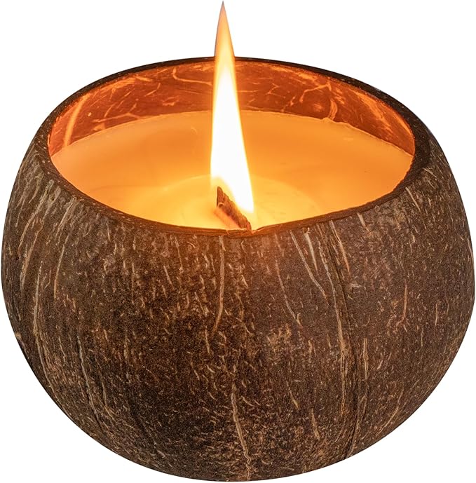 Restaurantware-Coco Casa 3.9 x 2.8 Inch Coconut Shell Candle, 1 Hand Poured Coconut Bowl Candle - Pineapple Papaya Fragrance, Double Wax Blend, Soy Wax Scented, Wooden Wick