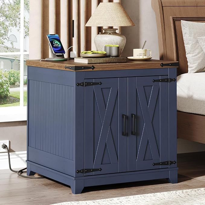 Farmhouse End Tables Living Room, Large End Table with Charging Station, Square Sofa Side Table with Adjustable Shelf and Barn Door, Wooden Nightstand for Bedroom, Ink Blue and Walnut