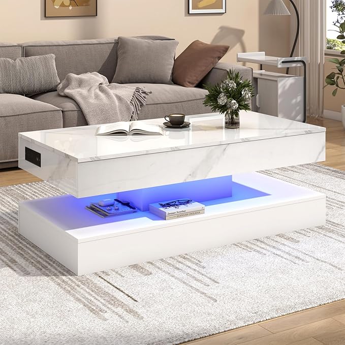 47.2" Large Lift Top Coffee Table with Charging Station, LED Modern High Glossy Center Table with Hidden Compartment Storage, White Lift Living Room Tables with Marbling Print, White
