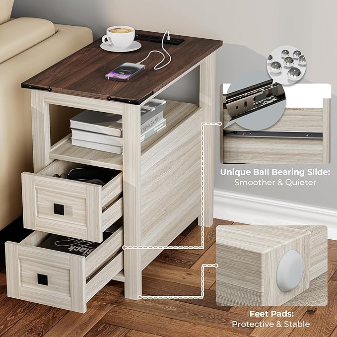 Farmhouse End Table with Charging Station and 2 Drawers, Washed Grey Wood Nightstand Narrow, Skinny Side Table Rustic, Slim Bedside Table, Open Shelf, Small for Bedroom, Living Room, Sofa
