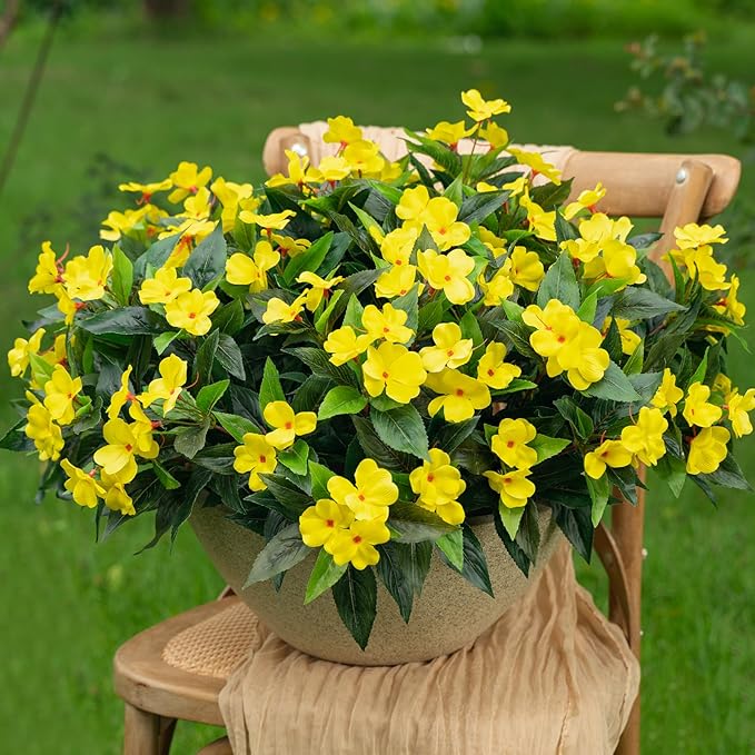 UUqueeten15.7” Fall Decorations for Home Fake Fall Flowers Fake Plants Artificial Impatiens Bouquet Flowers for Outdoors Silk Faux Flowers Impatiens Plants Decor Indoor Planters 8PCS(Yellow)