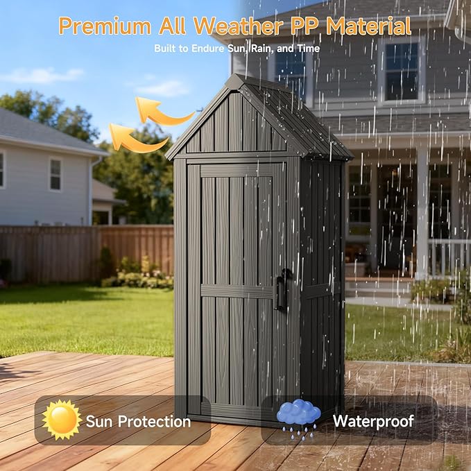 Outdoor Resin Storage Shed, Outdoor Storage Cabinet Waterproof with Hooks and Lock Ring, Multifunctional Storage Shed with Floor and Removable Shelves, All Weather Tool Shed for Patio, Lawn, Brown