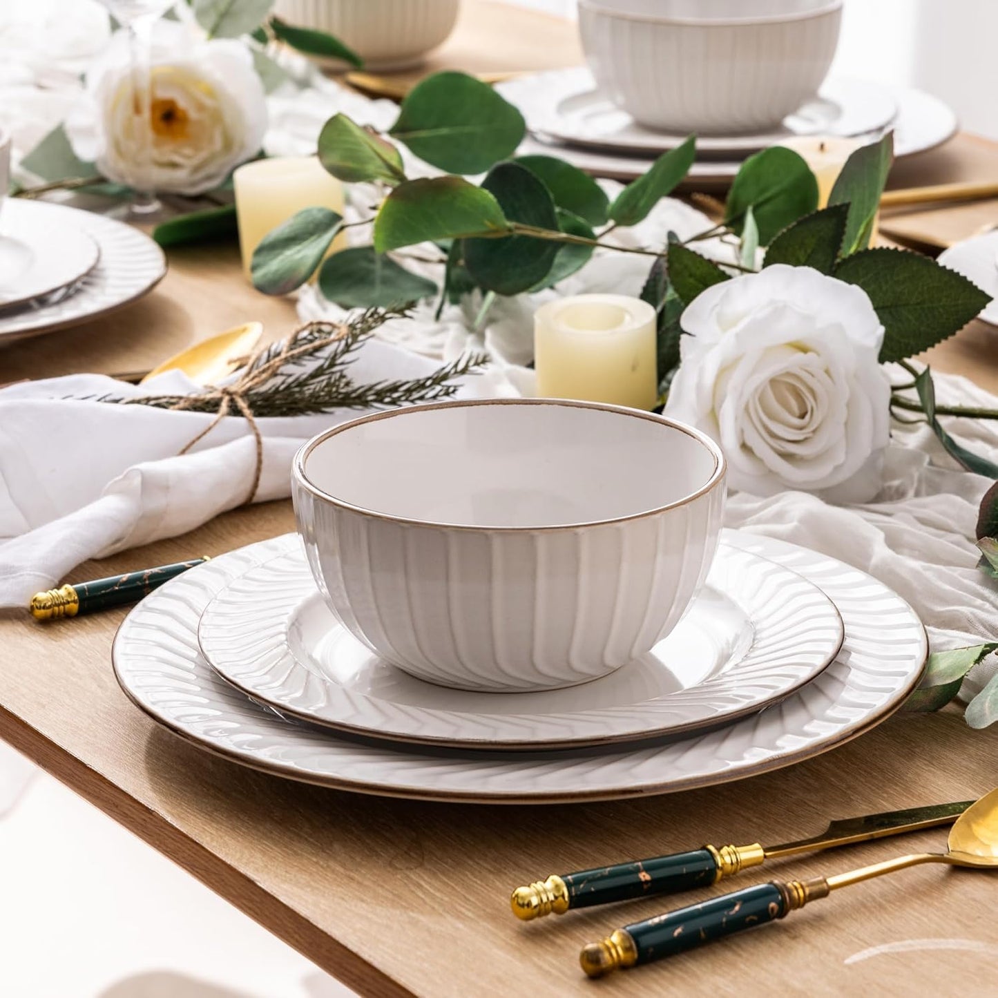GBHOME Ceramic Dinnerware Sets,12 pcs Embossed Elegant Stoneware Plates and Bowls Sets, Housewarming Wedding Gift | Dishwasher & Microwave Safe | Dishes Set Service for 4