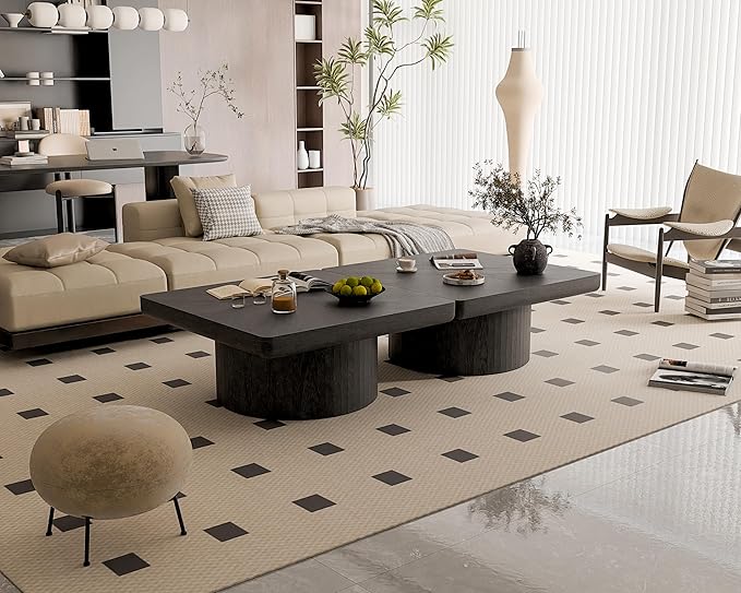 Square Coffee Table with Round Wood Pedestal Coffee Tables for Living Room, Modern Rustic Center Table Easy Assembly Black-ø34.6"&ø34.6 ø14.9