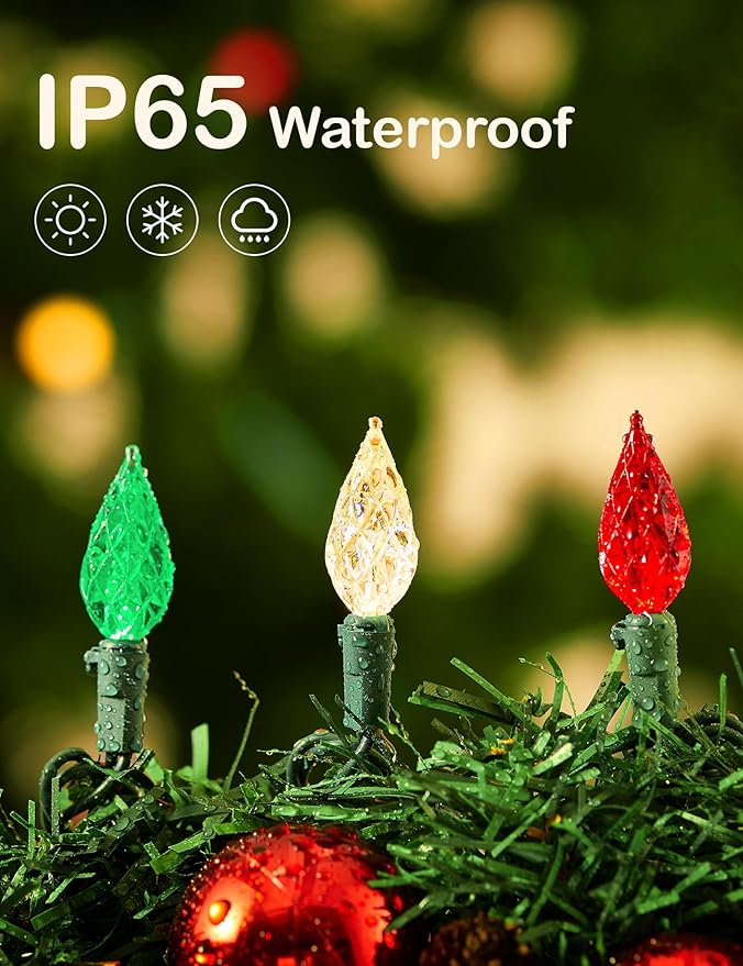 BOHON Red White and Green Christmas Lights Outdoor, Faceted C6 50ft 100 LED String Lights Plug in, Extendable Green Wire Christmas String Lights for Indoor Patio Xmas Tree Decoration