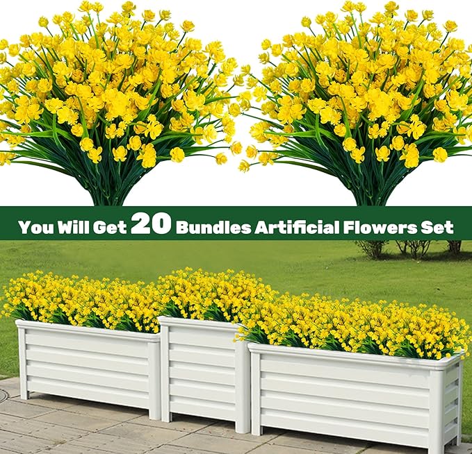 Lnoicy 20pcs Artificial Flowers for Outdoor,Plastic Flowers Decoration, UV Resistant Faux Flowers Shrubs, Artificial Plants for Indoor Outside Garden Home Wedding Farmhouse（Yellow）
