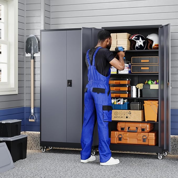 Yizosh Metal Garage Storage Cabinet with Locking Doors and Adjustable Shelves,- 75" Rolling Steel Tool Cabinet for Home Office,Garage,Warehouse
