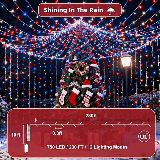 240FT Christmas Lights Outdoor, 750 LED Christmas Tree Decoration Lights with 12 Modes & Timer Memory, Dimmable Plug In Waterproof LED Xmas Light for Yard Wedding Party Holiday Red White & Blue