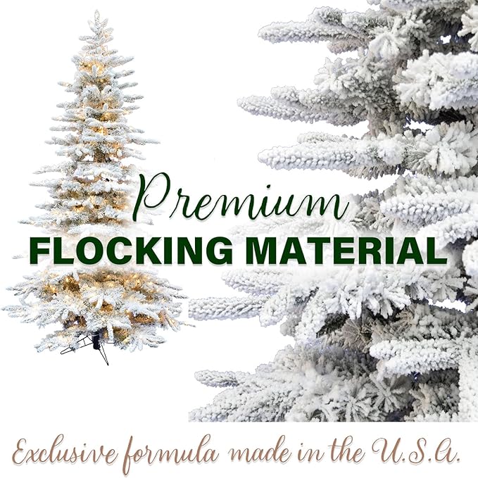 Fraser Hill Farm Pine Valley Flocked Christmas Tree, 6.5 Feet Tall, Snowy Xmas Tree with Easy to Connect, White Incandescent Smart Lights, Modern and Realistic Faux Christmas Tree