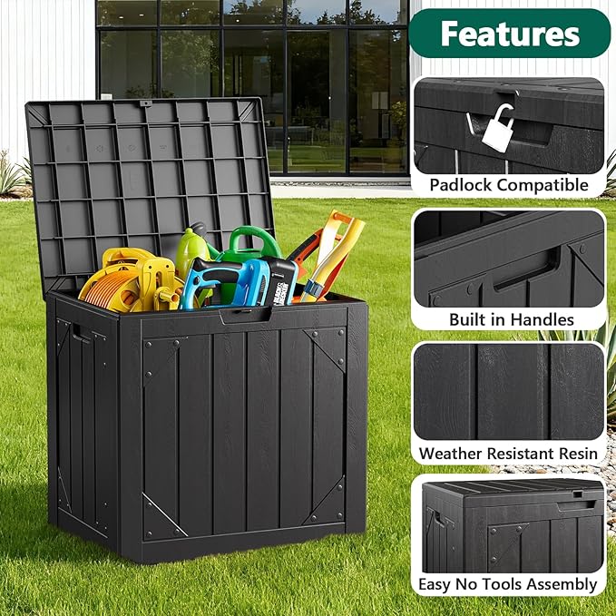 Outdoor Storage Box, 30 Gallon Deck Box Outdoor Storage Bench Outside Waterproof Resin Storage Bench, Lockable Patio Cushions, Garden Tools Storage For Furniture, UV Resistant (Black)