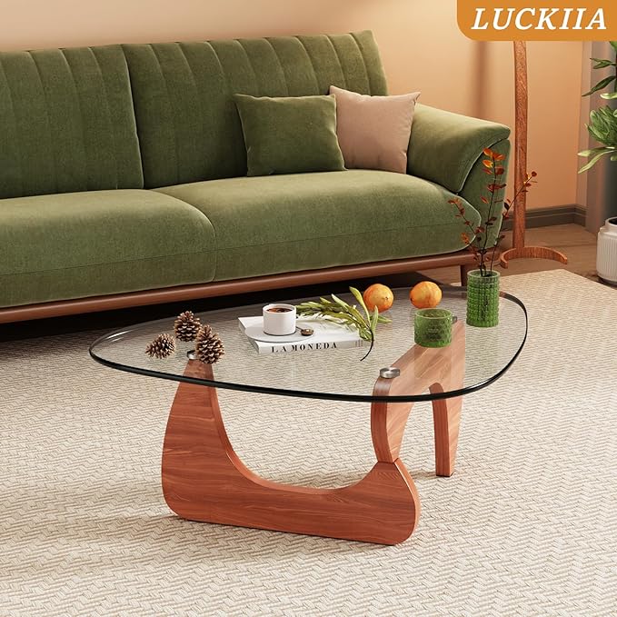 Coffee Tables Glass Small Farmhouse Coffee Table Mid-Century Modern Wood Center Table for Living Room, Walnut Transparent, 44 Inch