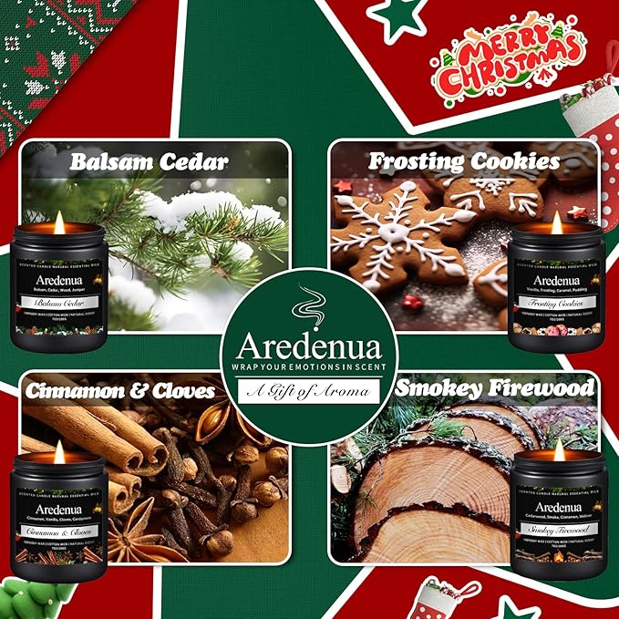 Christmas Candles Set | 4 Pack Christmas Scented Candles - 7oz Soy Candle for Home, Holiday Scented of Balsam Cedar, Frosting Cookies, Cinnamon & Cloves, Smokey Wood - Winter Gifts for Women Men