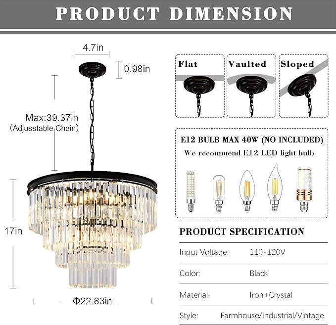 22.8" Crystal Chandelier Lights 10-Light K9 Crystal Pendant Light 4-Tier Black Luxury Crystal Hanging Light Fixture for Dining Room Living Room Kitchen Bedroom Stairway