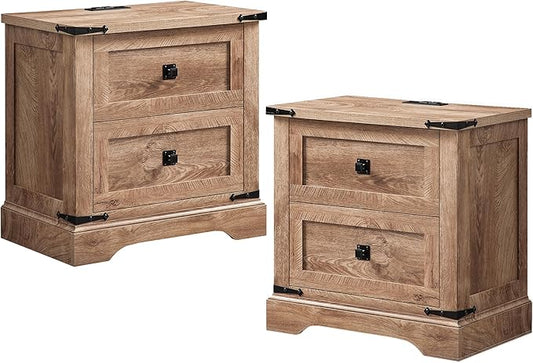 T4TREAM 24" Farmhouse Nightstand with Charging Station Set of 2, Large End Table with 2 Storage Drawers, Rustic Wood Sofa Bedside Table for Bedroom, Light Knotty Oak
