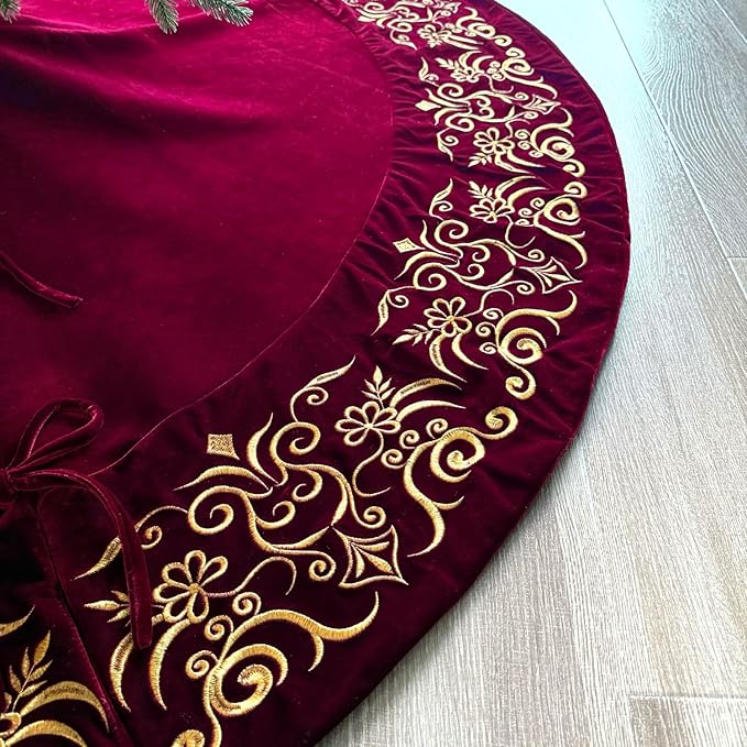 72-Inch Victorian Velvet Christmas Tree Skirt with Gold Damask Embroidery and Plush Lace Ties, Burgundy
