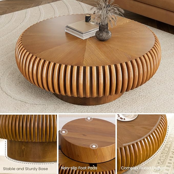 31.5" Drum Coffee Table Modern Unique Fluted Tea Table Contemporary Wood Round Coffee Table with Fluted Centry Table for Living Room Walnut (31.5" Brown)