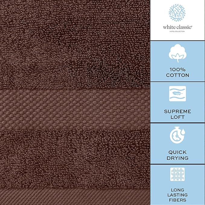 White Classic Luxury Bath Towel Set of 8 Pieces - 100% Turkish Cotton Highly Absorbent Towels for Bathroom, 2 Luxury Bath Towels 700GSM, 2 Hand Towels, 4 Washcloths, Brown