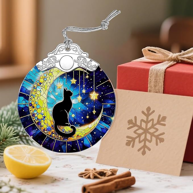 Stained Glass Black Cat Ornament, Christmas Ornaments, Christmas Decorations for Tree, Holiday Ornament, Gifts for Cat Lovers, Holiday Party Gifts, Gift Ideas & Xmas Gift