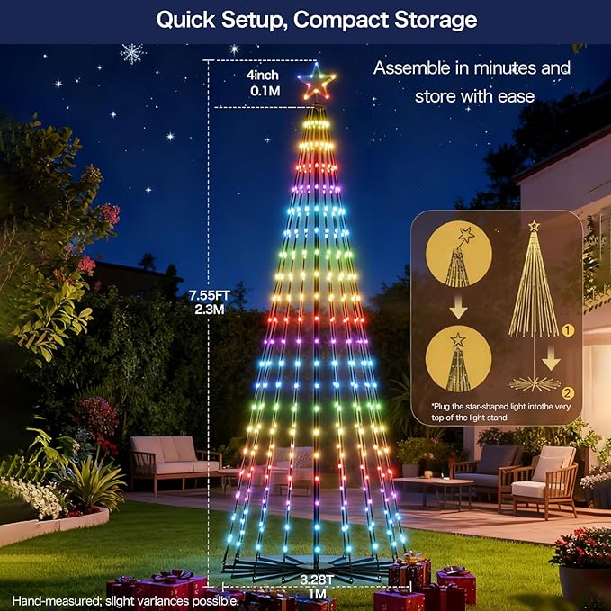 Christmas Cone Tree Lights, 7.5ft 340 LEDs RGBIC Christmas Tree Lights with App Control, 100+ Scene Modes, Music Sync & Timer,IP67 Waterproof Outdoor String Lights for Christmas Decorations