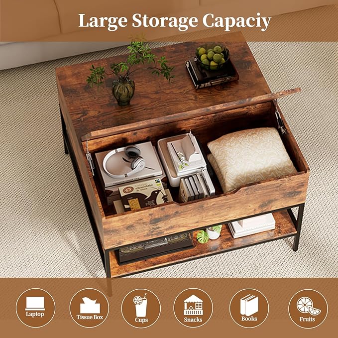 AQY 31.5" Flip Top Coffee Table with Storage, Square Coffee Tables for Living Room, Modern Farmhouse Heavy Duty Coffee Table with Large Hidden Compartment and Storage Shelves,Assembly Required
