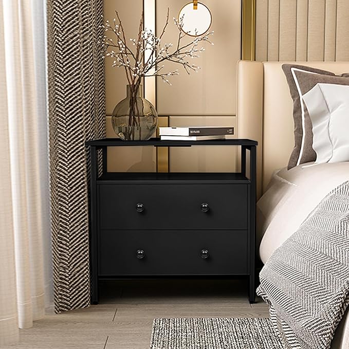 27 inch Wide Night Stand Set 2 with Charging Station, Bedside Table with Open Shelf, 2 Drawers Small Wood Dresser, Modern Wood Nightstand for Bedroom/Living Room (Black)