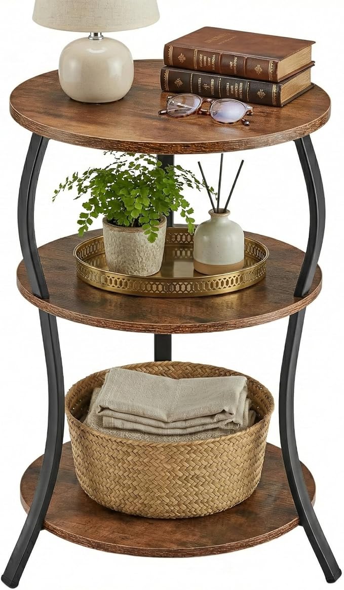 Round Side Table, 3-Tier End Table with Storage Shelf for Narrow and Small Spaces, Round Sofa Table Vintage Corner Tables for Living Room,Bedroom Nightstand/Rustic Brown