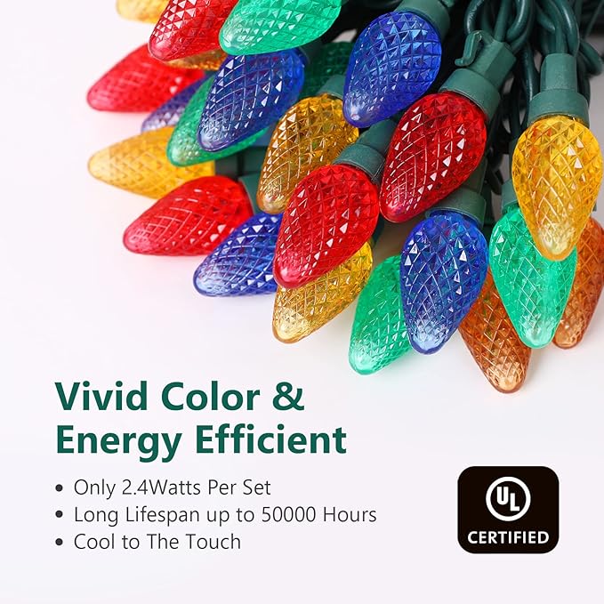 C7 LED Christmas String Lights, 25.16FT 50 LED Connectable Outdoor & Indoor Decorative Light Strand, Multicolor Xmas Holiday Lights for House, Christmas Tree, Patio, Party Decoration