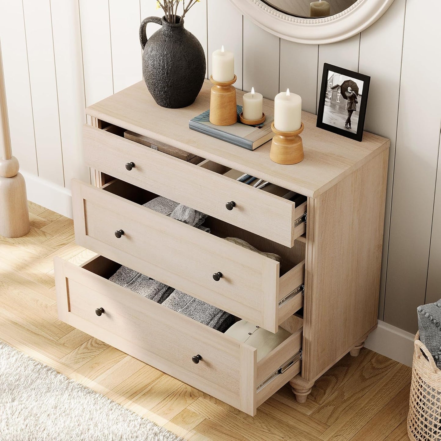WAMPAT Baby Dresser with 3 Drawers, Kids Dressers with Wide Chest of Drawers, Mid Century Modern Wooden Closet Storage Organizer, Small Dressers for Bedroom, Nursery, Hallway, Beige, 34 inch