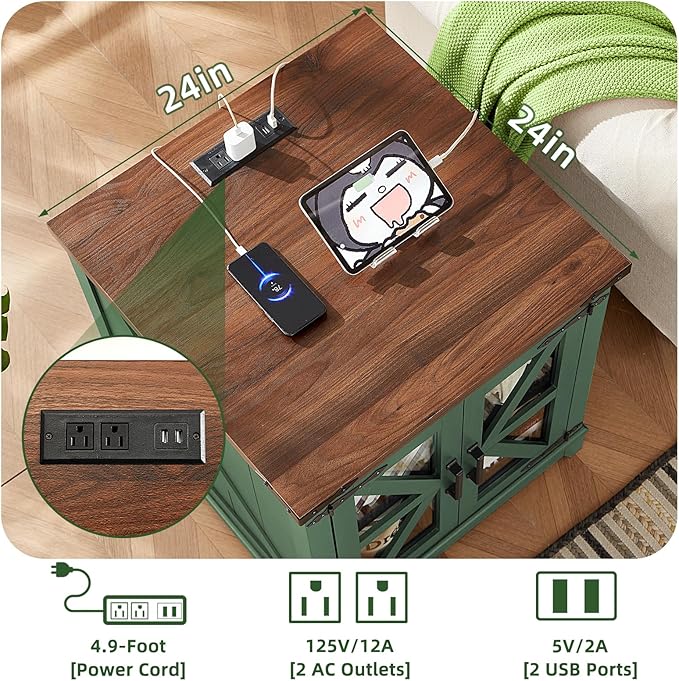 Farmhouse End Table, 24" Large Sofa Side Table with Charging Station Glass Barn Door, Wood Nightstand with Adjustable Storage Shelf, Square Bedside Table for Living Room, Bedroom, Office-Green