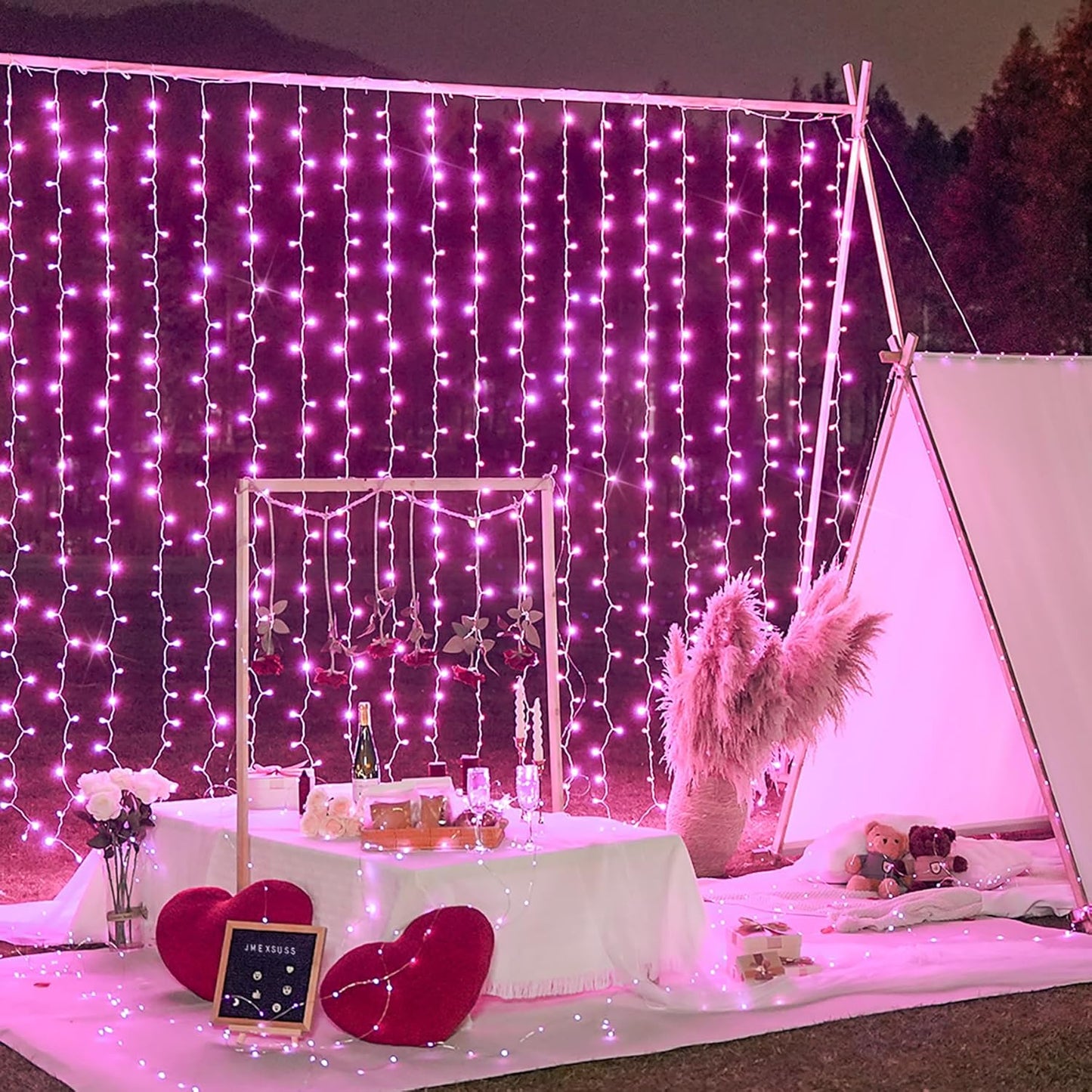 JMEXSUSS 300 LED Pink Curtain Lights Indoor, Christmas Lights Plug in, 8 Modes Pink String Lights for Bedroom Window Wall Party Backdrop Xmas Valentine Decorations, 9.8x9.8ft