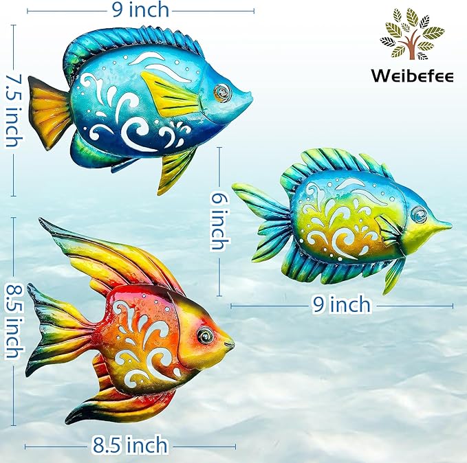 Weibefee Coastal Wall Decor, Ocean Sea Metal Fish Wall Christmas Decor, Hanging Wall Art Christmas Decorations Gift for Indoor Outdoor, Beach Nautical Tropical Fish Wall Sculpture for Pool Bathroom Bedroom Patio