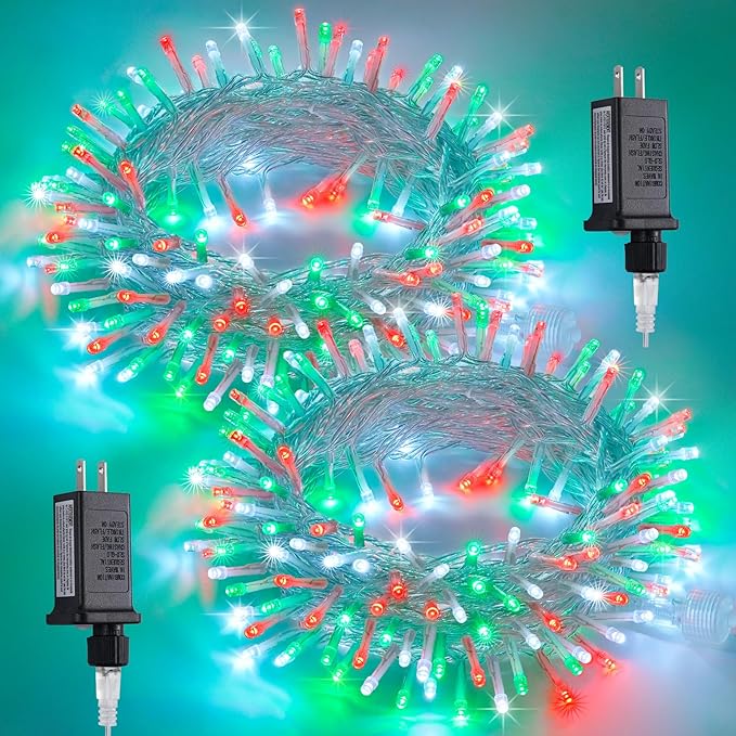 JMEXSUSS 2 Pack 100 LED Red White and Green Christmas Lights, 8 Modes Christmas String Lights Plug in Indoor, Clear Wire LED String Light Outdoor Waterproof for Xmas Tree Decorations