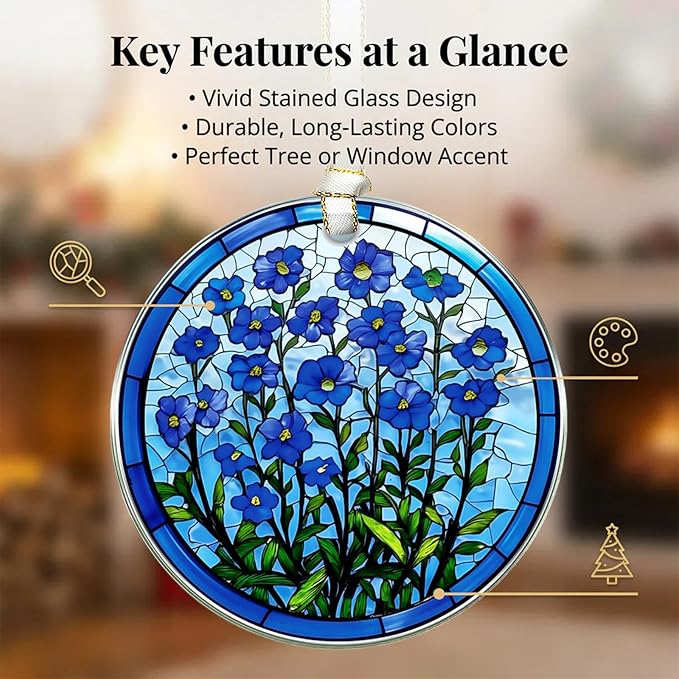 Forget Me Not Glass Suncatcher Window Hanging Ornament, Stained Glass Christmas Tree Decorations, Sympathy Gift for Loss of Loved One, Memorial Ornament for Window, Birthday Chirtsmas Gifts for Mom