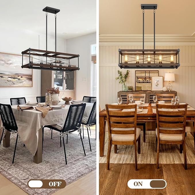 Farmhouse Kitchen Island Lighting, 5-Light Solid Wood 31.5” Dining Room Pendant Light Fixtures, Rustic Chandelier with Adjustable Height for Dining Room Kitchen Bar Pool Table, Walnut Color