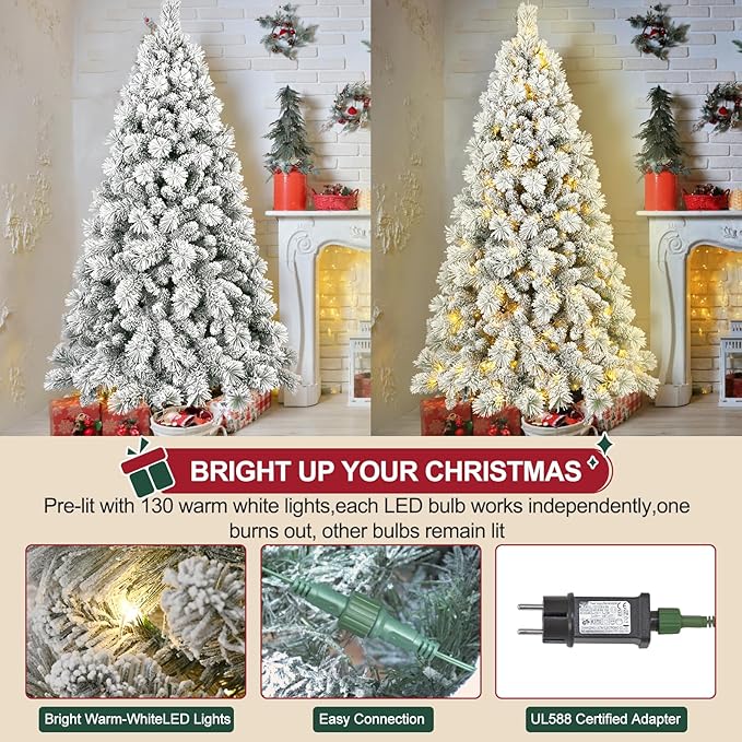 Flocked Christmas Tree 7ft, Premium Prelit Christmas Tree - Trees with Lights-White Snow Flocked Pre-lit Trees