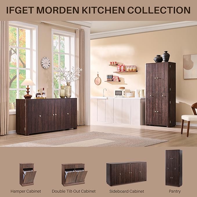 71" Tall Kitchen Pantry, Modern Curved Pantry Storage Cabinet with 4 Doors and 6 Adjustable Shelves, Cupboard for Kitchen, Dining Room, Living Room and Bathroom, Brown