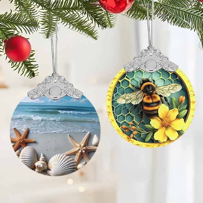 Christmas Decorations Ornaments, Stained Glass Ornament, Christmas Tree Ornaments, 2025 Gift Ornament, Xmas Gift for Friend Family Coworker - Starfish and Seashells