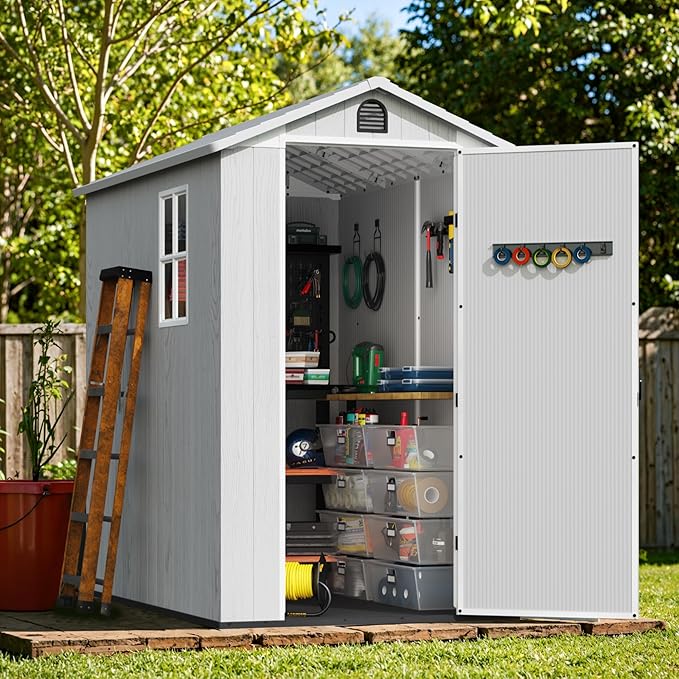 Greesum 4x6FT Plastic Storage Shed with Floor, Resin Outdoor Storaged Sheds with Lockable Door, All Weather Durable Tool Shed with Window and Vent, for Garden, Backyard, Patio, Light Gray