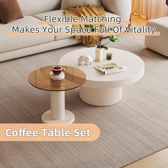 Nesting Coffee Table Set of 2, Round Shape Center & Small Tempered Glass Top Accent Side Table, Modern Home Decor Table Set for Living Room, Bedroom, Office