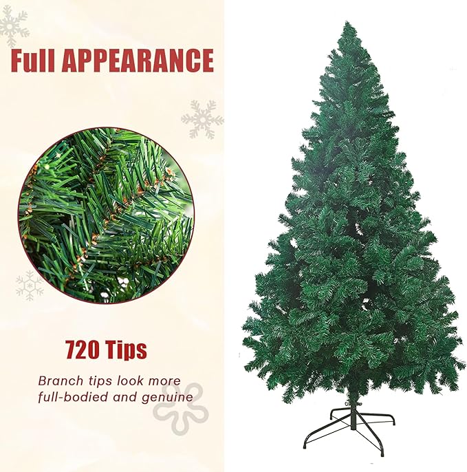 6FT Artificial Christmas Tree, Full Premium Hinged Artificial Pine Tree with Sturdy Metal Stand 720 Branch Tips,Green