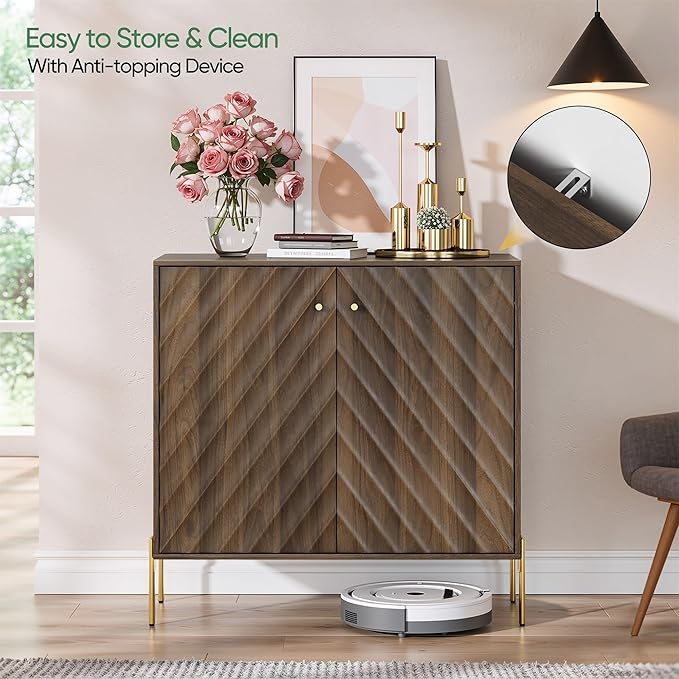 Sideboard Cabinet with Adjustable Shelf, Freestanding Walnut Buffet Cabinet with Storage, Wooden Storage Cabinet with Textured Diagonal Lines Doors for Living Room, Entryway, Console