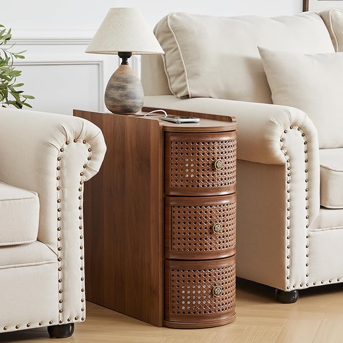 Metal Rattan Narrow End Table with Charging Station, Farmhouse Side Table with Drawers Storage, Small Night Stand with Power Outlets and USB Ports, Sofa Side Table for Living Room - Walnut