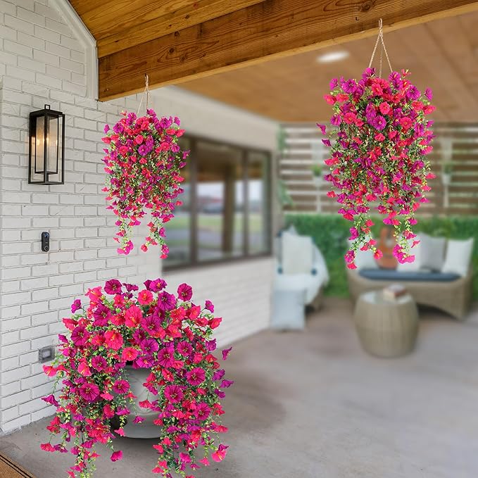 Artificial Fake Hanging Flowers Plants for Outdoor Outside Spring Summer Decoration 2PCS Faux Silk UV Resistant Realistic Morning Glory with Eucalyptus for Home Porch Patio Balcony(Magenta & Hot pink)