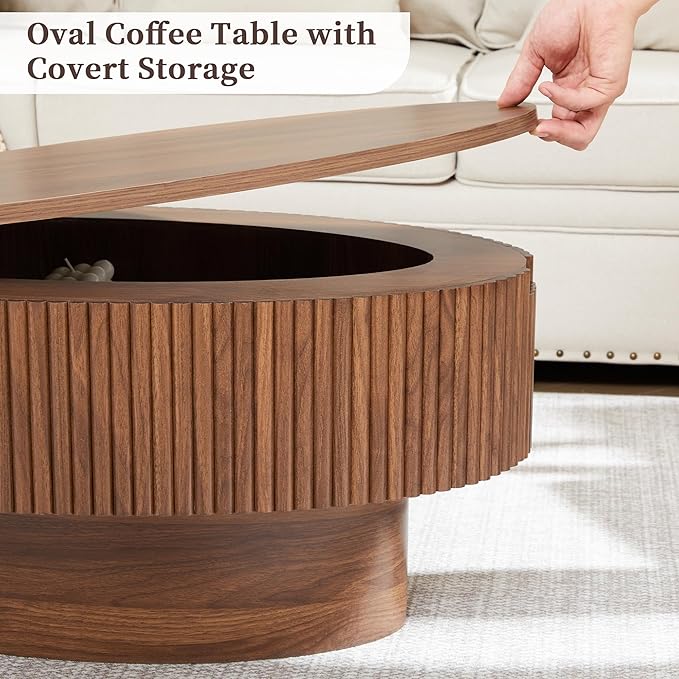 Oval Coffee Table with Hidden Storage, 31.5 Inch Wide Modern Coffee Table, Center Table with Fluted Veneered, Accent Tea Table for Small Space Living Room Apartment (Walnut)
