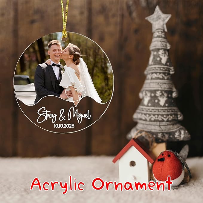 Heart Line Couple Ornament – Custom Photo, Names & Date – Acrylic or Glass Personalized Wedding Ornament – Engagement Keepsake Gift